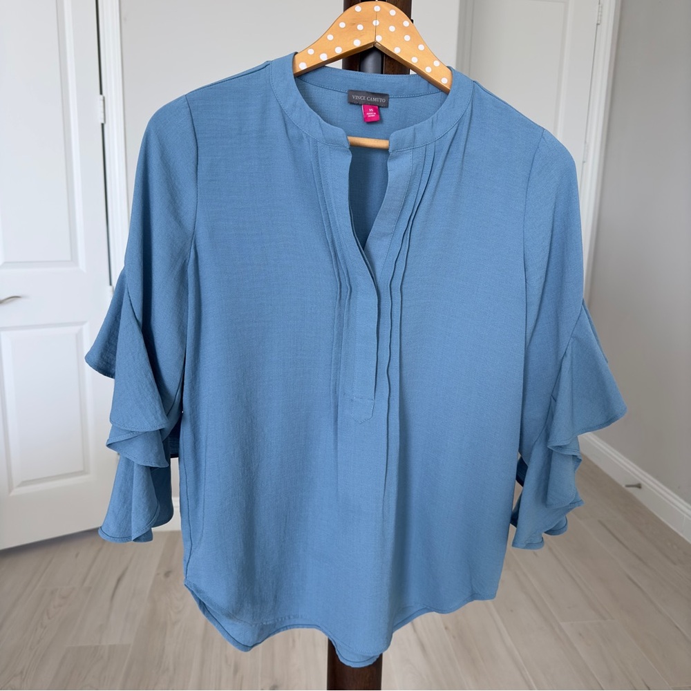 Vince Camuto Split V-Neck 3/4 Ruffled Sleeve Henley Blouse